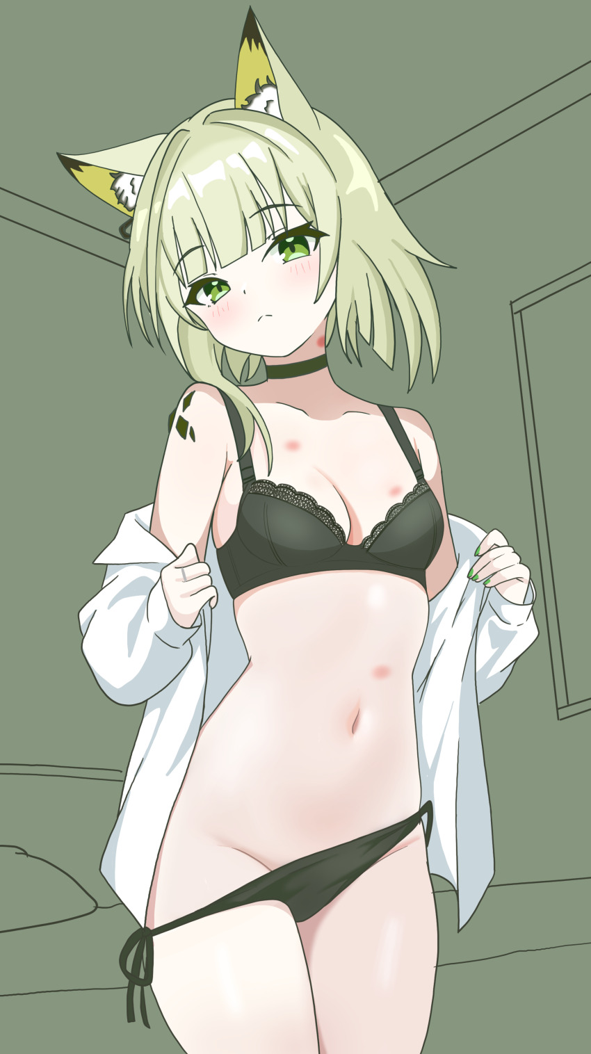 1girl, absurdres, animal_ear_fluff, animal_ears, arknights, black_bra, black_choker, black_panties, bra, breasts, cat_ears, choker, collarbone, dress_shirt, eggplant7217, green_eyes, hickey, highres, indoors, kal'tsit_(arknights), long_sleeves, looking_at_viewer, material_growth, medium_breasts, navel, open_clothes, open_shirt, oripathy_lesion_(arknights), panties, shirt, short_hair, solo, stomach, underwear, undressing, white_shirt