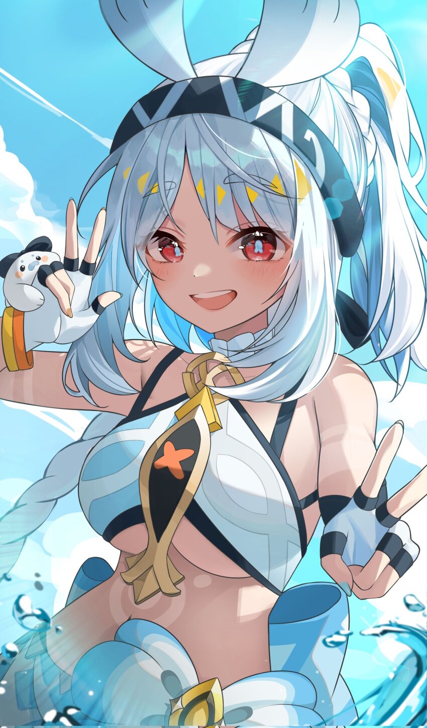 1girl, :d, aqua_headband, bare_shoulders, blue_hair, blue_hairband, blue_headband, blue_sky