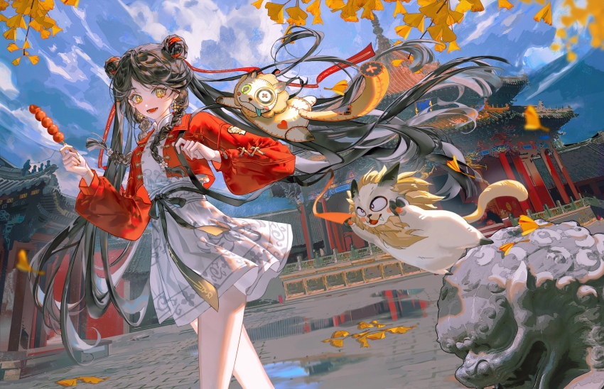 +_+, 1girl, :d, absurdres, animal_bag, architecture, black_hair, blue_sky