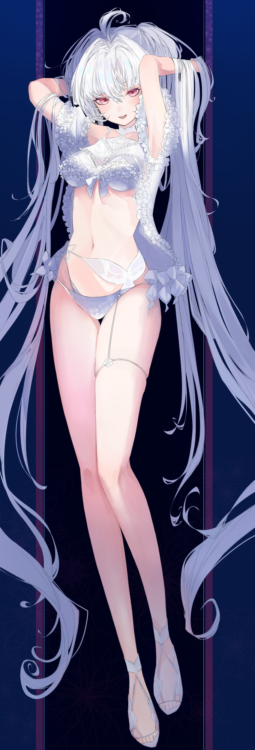 1girl, absurdres, ahoge, armpits, arms_up, bare_shoulders, bikini, blush, breasts, fate/grand_order, fate_(series), frill_inferno, frilled_bikini, frills, full_body, highres, incredibly_absurdres, lady_avalon_(fate), lady_avalon_(second_ascension)_(fate), long_hair, looking_at_viewer, medium_breasts, merlin_(fate/prototype), merlin_(swimsuit_pretender)_(second_ascension)_(fate/prototype), navel, open_mouth, parasol, smile, solo, swimsuit, thighs, twintails, umbrella, very_long_hair, white_bikini, white_hair