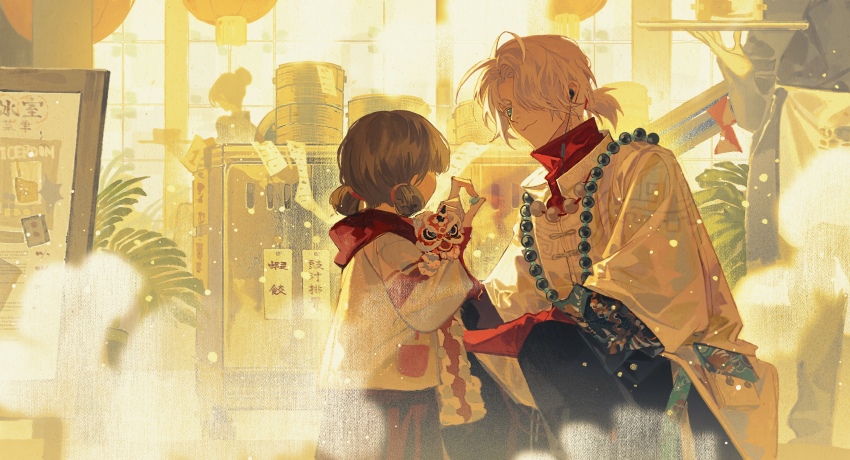 1boy, 1girl, :3, absurdres, backlighting, bamboo_steamer, bead_necklace, beads, black_pants, candy, child, earphones, face-to-face, food, fuyun_(guilongchao), green_eyes, guilongchao, hair_over_one_eye, hand_up, highres, holding, holding_candy, holding_food, hood, hood_down, indoors, jacket, jewelry, lantern, long_sleeves, looking_at_another, mengxiaheqing, necklace, one_eye_covered, pants, paper_lantern, people, ponytail, puffy_long_sleeves, puffy_sleeves, red_skirt, restaurant, second-party_source, short_hair, short_ponytail, skirt, squatting, steam, upper_body, very_low_bun, white_hair, white_jacket, yellow_theme