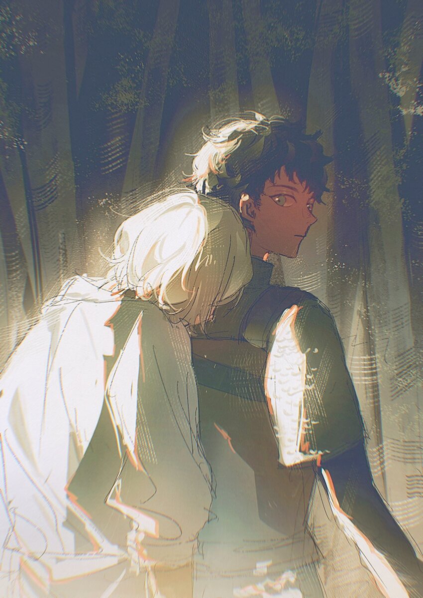 2boys, armor, bags_under_eyes, black_hair, blue_eyes, ci_(scian), curly_hair, dark-skinned_male