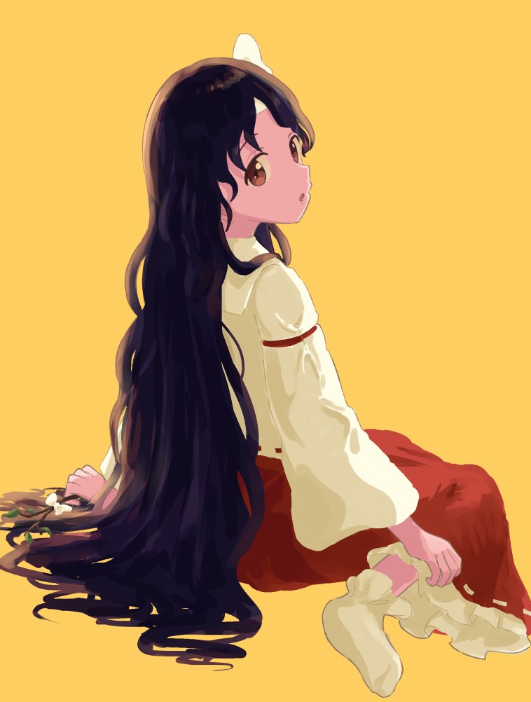 1girl, black_hair, bobby_socks, commentary_request, detached_sleeves, frilled_skirt, frills, girl_who_trained_on_mt._haku_(touhou)