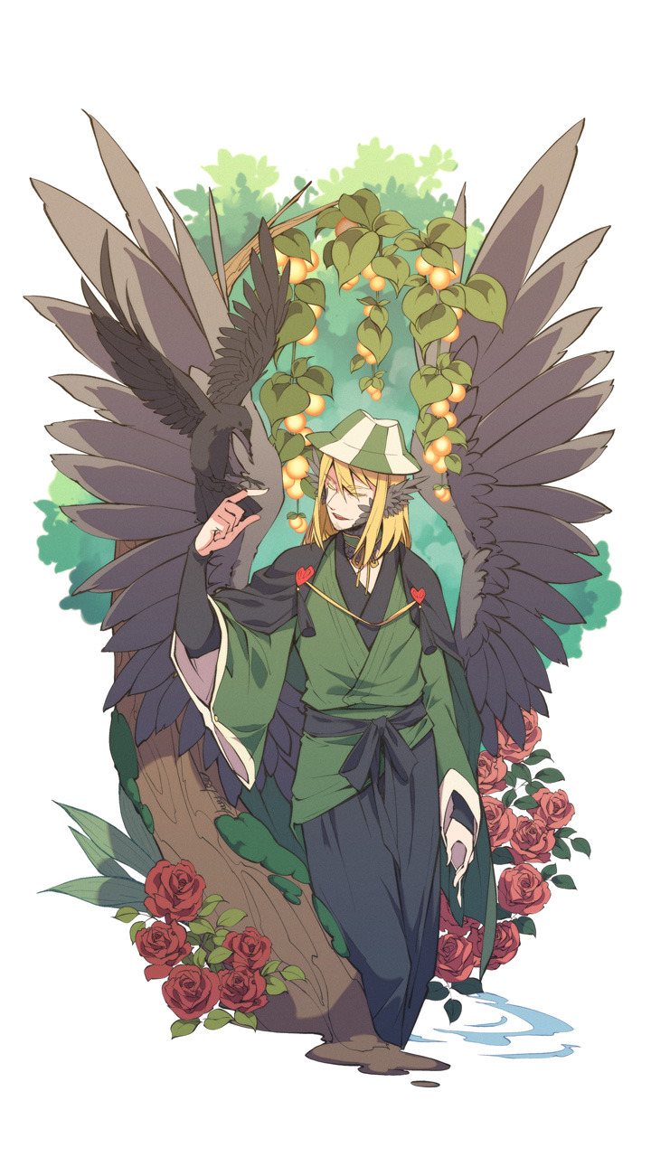 1boy, animification, bird, bird_boy, bird_wings, black_wings, blonde_hair, bucket_hat