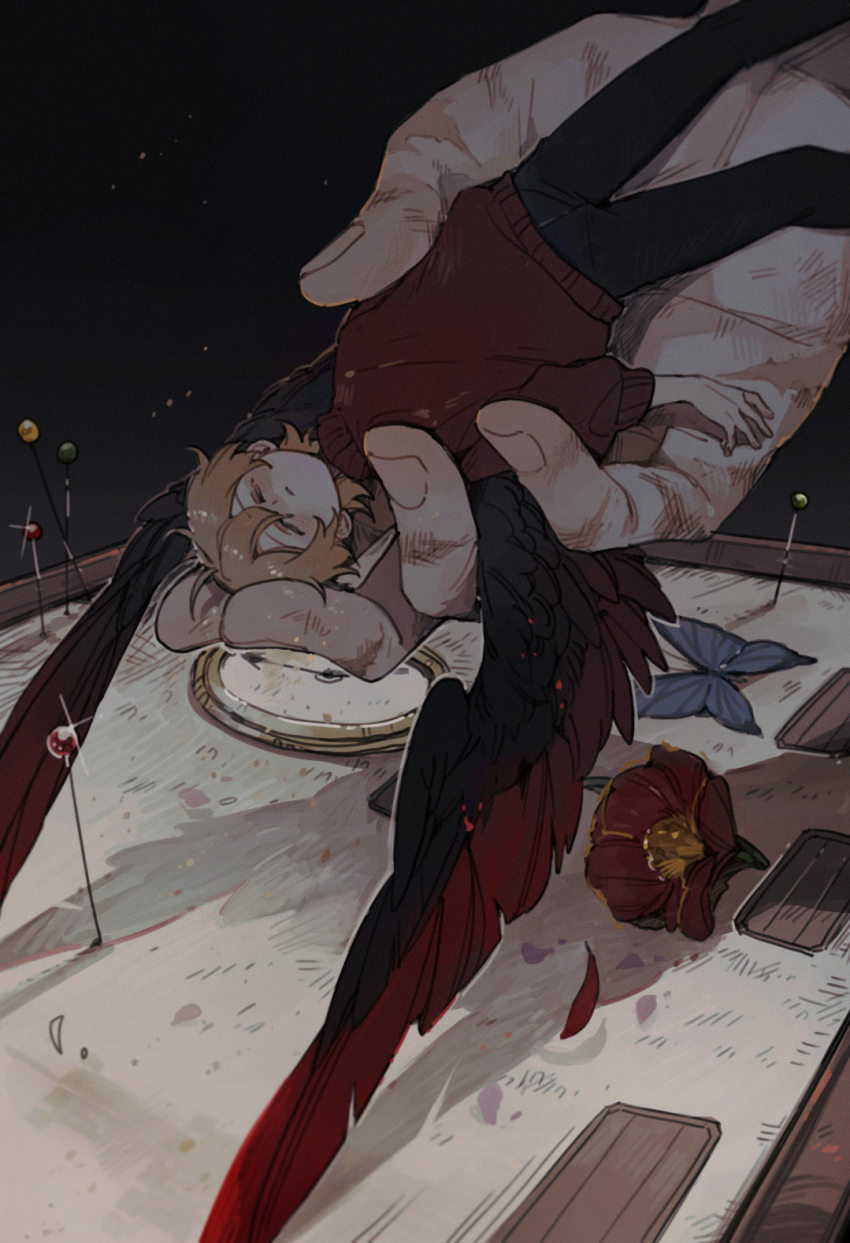 2boys, animification, bird_boy, bird_wings, brown_hair, bug, butterfly, clock