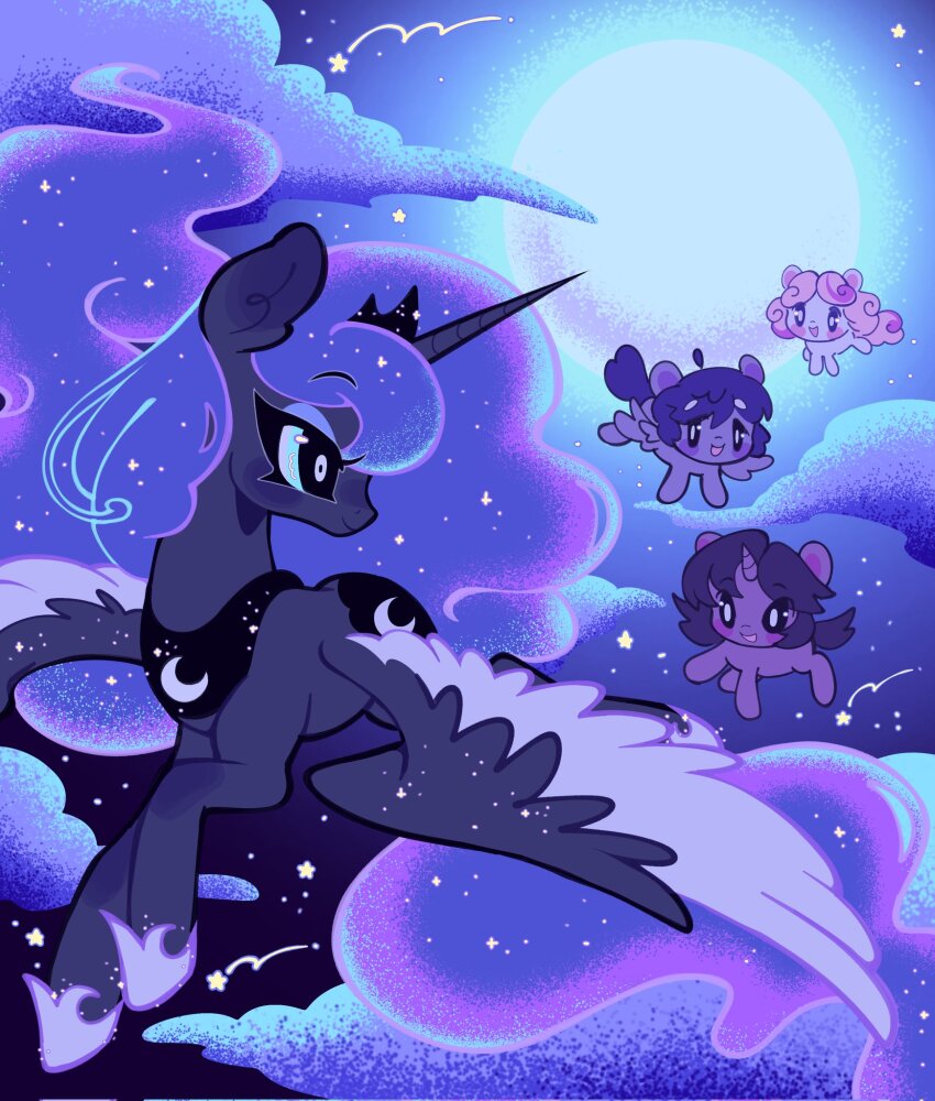 animal, animal_focus, aqua_eyes, baby_animal, blue_eyeshadow, blue_hair, blue_theme, child, children_of_the_night, cloud, commentary, corrupted_twitter_file, crescent, crown, cutie_mark, english_commentary, eyeshadow, flying, foal, full_body, full_moon, highres, horns, jammy_(bunbunbewwii), jewelry, long_hair, makeup, moon, my_little_pony, my_little_pony:_friendship_is_magic, name_connection, necklace, night, no_humans, object_namesake, outdoors, princess_luna, shoes, single_horn, sky, star_(sky), unicorn_horn, very_long_hair, winged_unicorn