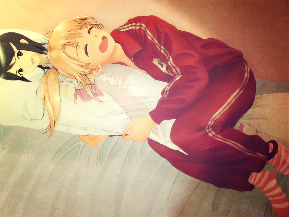 00s, 1girl, bed, blonde_hair, blue_eyes, blue_hair, blush, closed_eyes