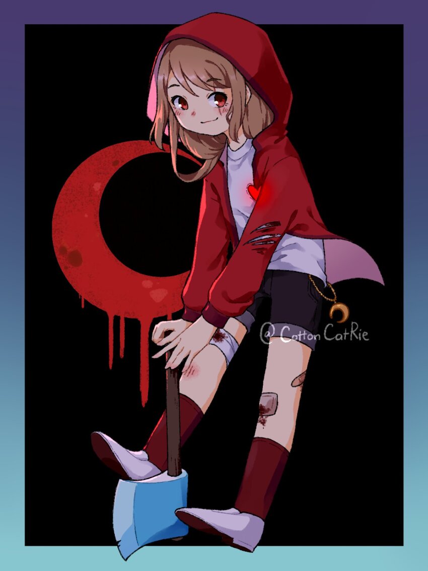 1girl, animification, axe, bandages, black_background, blood, blue_border, blush