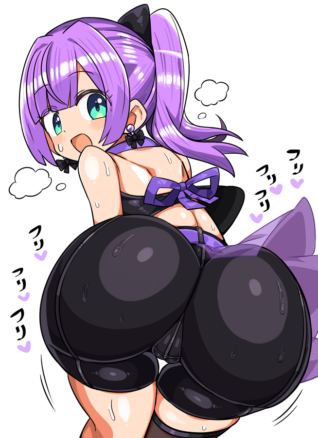 1girl, ass, ass_shake, belt, black_bow, black_shorts, bow, earrings, green_eyes, hair_bow, heart, jewelry, kanikama, looking_at_viewer, looking_back, mochi_hiyoko, mochipro, ponytail, purple_belt, purple_hair, shorts, simple_background, single_thighhigh, solo, spine, steam, thighhighs, virtual_youtuber, white_background