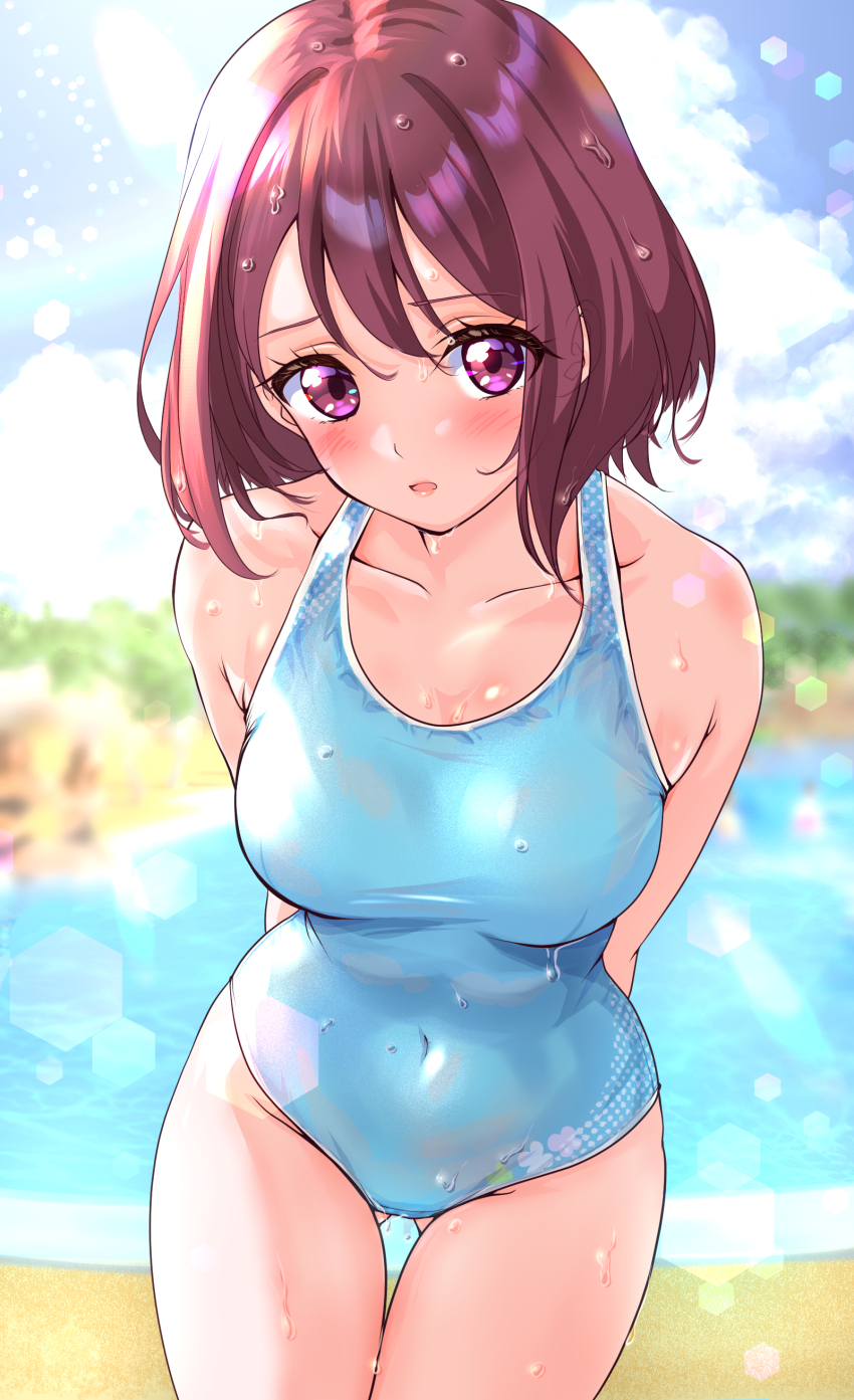 1girl, absurdres, blue_sky, blush, breasts, brown_hair, casual_one-piece_swimsuit, collarbone