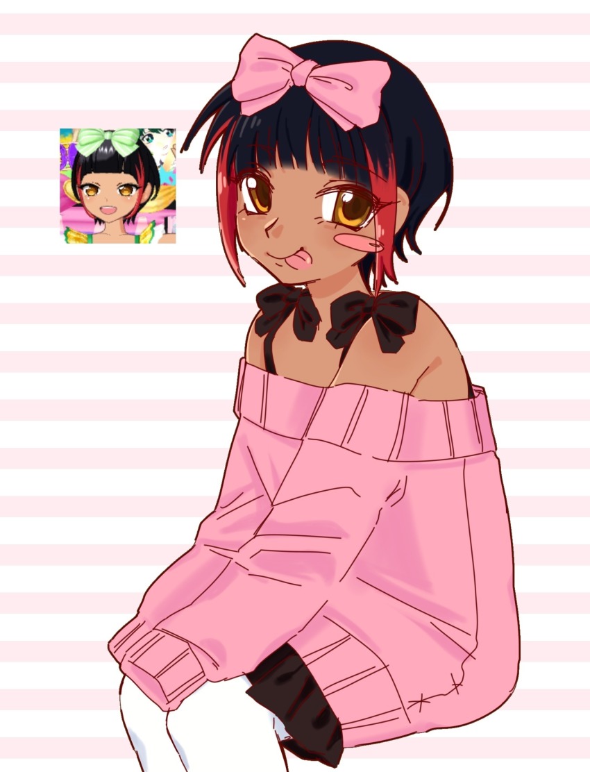 1girl, 2000s_(style), black_hair, black_skirt, blush_stickers, bow, dark-skinned_female, dark_skin