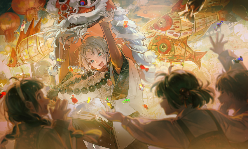 1boy, 3girls, :d, absurdres, animal_lantern, arm_up, arms_up, black_hair