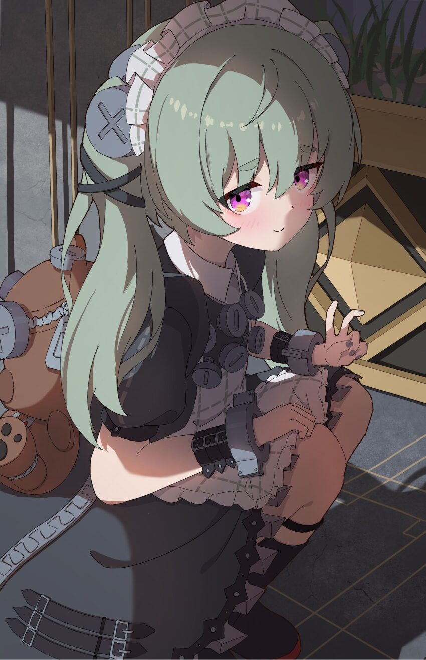 1girl, absurdres, animal_bag, apron, bear_bag, black_dress, black_ribbon, blush, closed_mouth, commentary, corin_wickes, dress, foot_out_of_frame, frilled_apron, frills, green_hair, grey_nails, hair_between_eyes, hair_ribbon, hands_on_own_knees, highres, indoors, long_hair, looking_at_viewer, maid, maid_headdress, metal_wrist_cuffs, moru_(moru20000), nail_polish, pink_eyes, puffy_short_sleeves, puffy_sleeves, raised_eyebrows, ribbon, sanpaku, screw_hair_ornament, short_eyebrows, short_sleeves, shy, sidelighting, smile, solo, squatting, thick_eyebrows, tsurime, twintails, v, waist_apron, white_apron, zenless_zone_zero