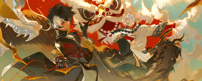 2boys, :d, absurdres, akai_999, arm_behind_back, arm_on_knee, bead_necklace, beads