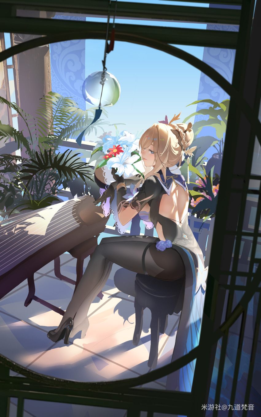 1girl, absurdres, aponia, aponia_(butterfly_dreams), back, backless_dress, backless_outfit, black_dress