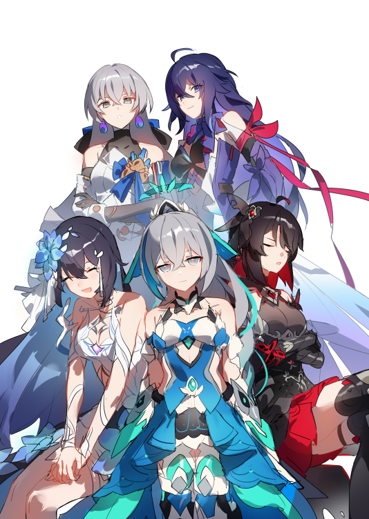 5girls, ahoge, asumi_kana, bare_shoulders, black_dress, black_gloves, blue_dress, blue_hair