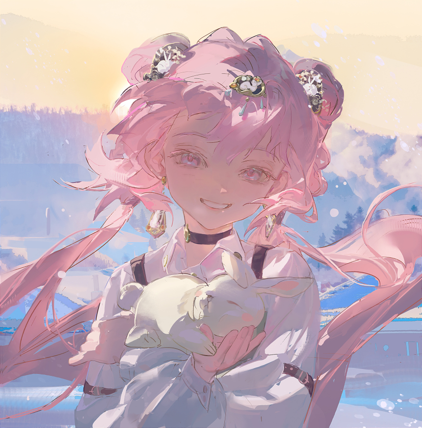 1girl, absurdres, animal, backlighting, black_choker, chanchan_(guilongchao), choker, collared_shirt, crossed_arms, day, floating_hair, grin, guilongchao, hair_ornament, hands_up, highres, holding, holding_animal, holding_rabbit, looking_at_viewer, low_twintails, mountain, outdoors, panni_xing, pink_eyes, pink_hair, rabbit, second-party_source, shirt, sky, smile, solo, teeth, tree, twintails, upper_body, white_shirt, yellow_sky