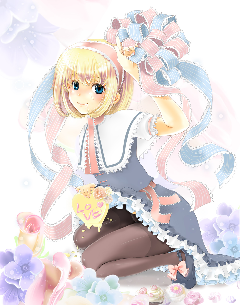 1girl, alice_margatroid, bad_id, bad_pixiv_id, black_pantyhose, blonde_hair, blue_eyes, cake