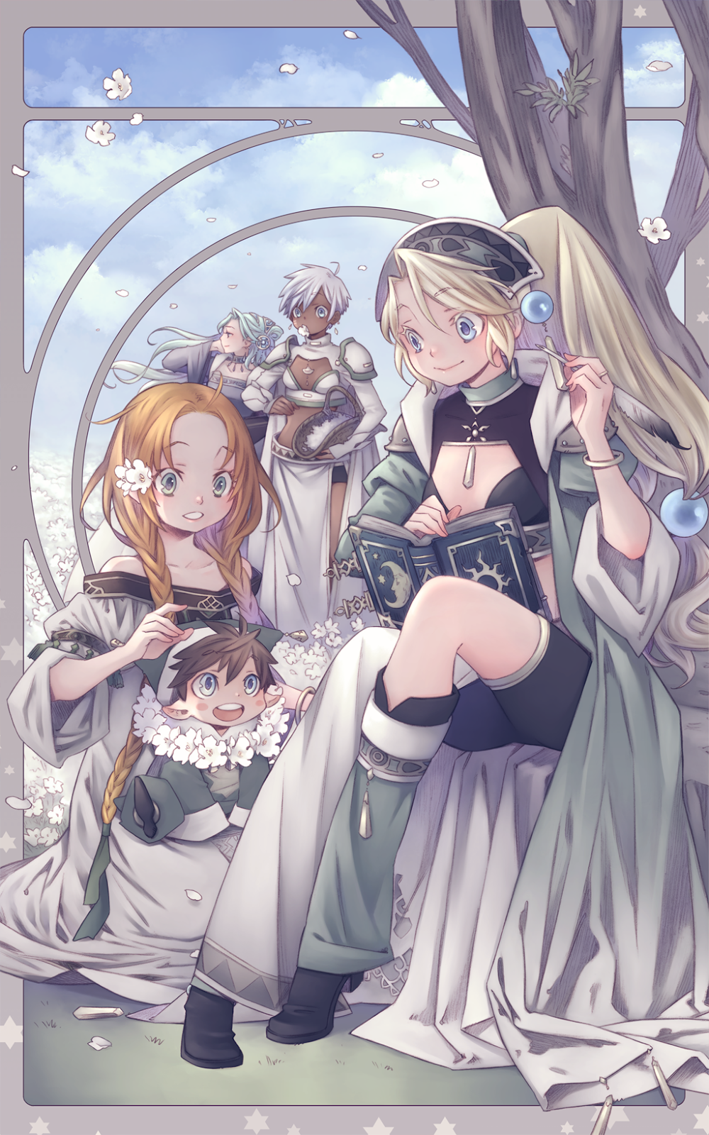 1boy, 4girls, armor, atelier_(series), atelier_marie, atelier_resleriana, basket, black_footwear