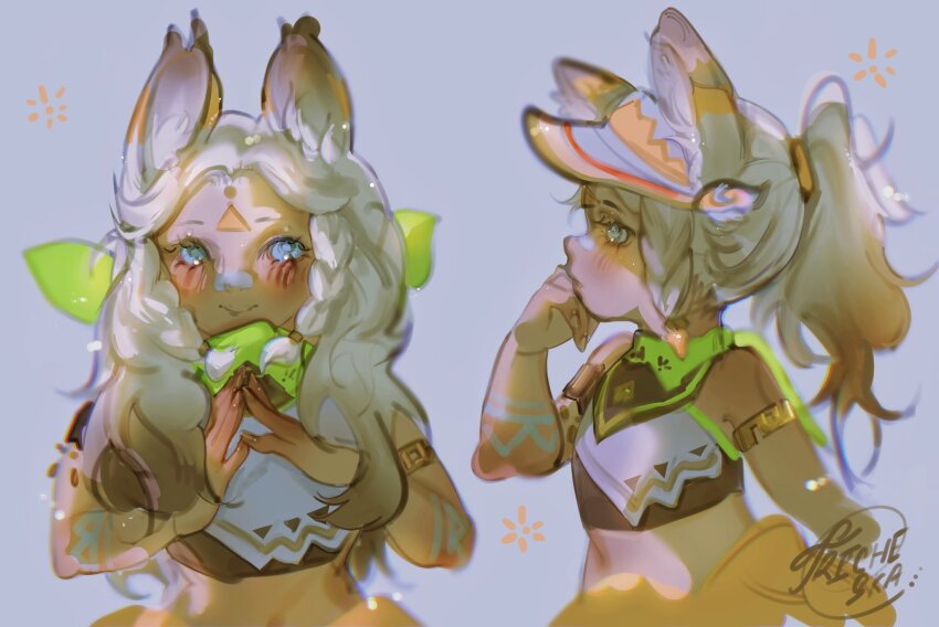 alternate_hairstyle, animal_ears, arm_tattoo, blonde_hair, blue_eyes, blush, genshin_impact, green_scarf