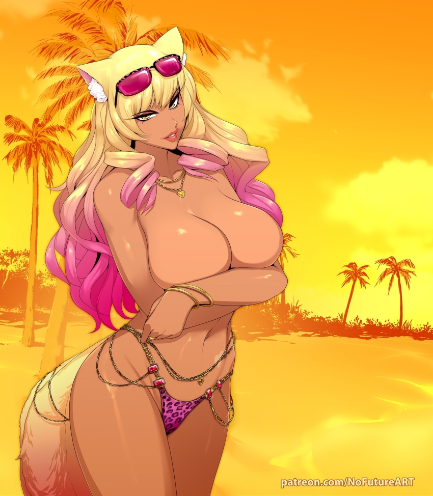 1girl, animal_ears, animal_print, beach, belly_chain, bikini, bikini_bottom_only, blonde_hair, breasts, covering_breasts, covering_privates, eyewear_on_head, fate/grand_order, fate_(series), fox_ears, fox_girl, fox_tail, gradient_hair, gyaru, heart, heart_necklace, heart_tan, highres, huge_breasts, jewelry, large_breasts, leopard_print, leopard_print_bikini, looking_at_viewer, multicolored_hair, navel, necklace, nofuture, outdoors, palm_tree, pink_bikini, pink_hair, print_bikini, standing, sunglasses, suzuka_gozen_(fate), suzuka_gozen_(swimsuit_rider)_(fate), suzuka_gozen_(swimsuit_rider)_(second_ascension)_(fate), swimsuit, tail, tan, topless_female, tree, yellow_eyes