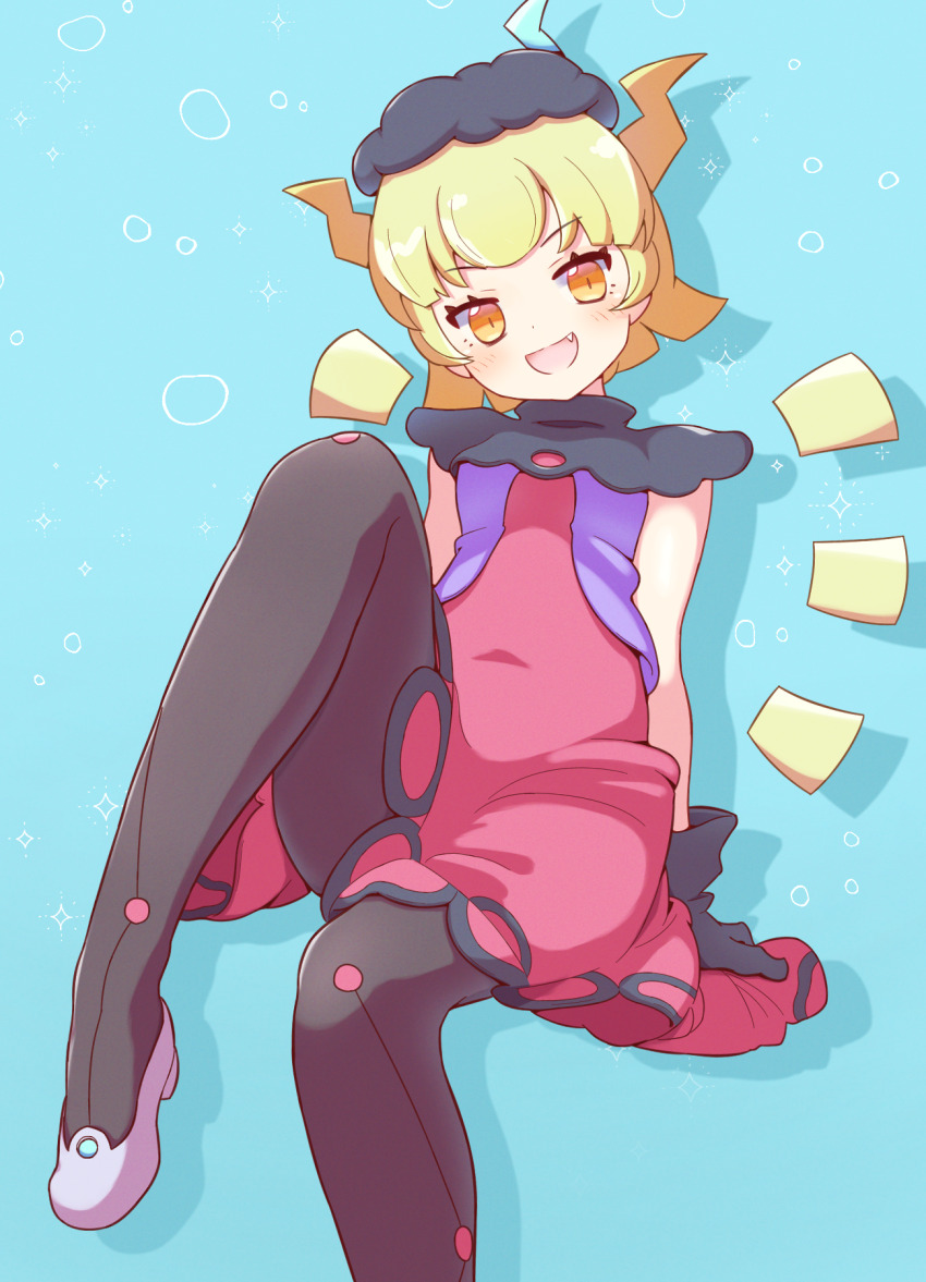 1girl, :d, arm_rest, arms_at_sides, black_capelet, black_gloves, black_hat, black_pantyhose