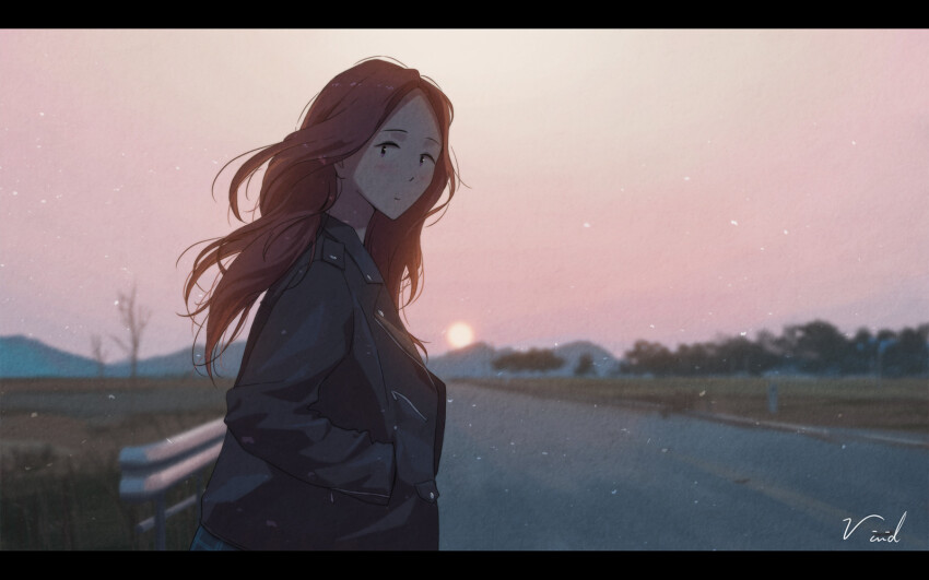 1girl, black_jacket, blush, closed_mouth, commentary, english_commentary, floating_hair, gfriend