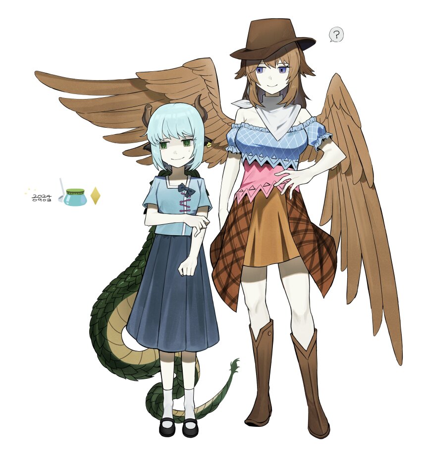 2girls, absurdres, animal_ears, asdf1211950, bandana, black_footwear, black_souls, black_souls_2, blue_hair, blue_shirt, blue_skirt, boots, brown_footwear, brown_hat, brown_overskirt, brown_skirt, brown_wings, closed_mouth, cosplay, cow_ears, cow_horns, cowboy_hat, cowboy_shot, full_body, green_eyes, griffy_(black_souls), hat, highres, horns, kicchou_yachie, kicchou_yachie_(cosplay), kurokoma_saki, kurokoma_saki_(cosplay), looking_to_the_side, mary_janes, mock_turtle_(black_souls), multiple_girls, off-shoulder_shirt, off_shoulder, overskirt, puffy_short_sleeves, puffy_sleeves, shirt, shoes, short_hair, short_sleeves, skirt, smile, snake_tail, socks, tail, touhou, white_bandana, white_socks, wings