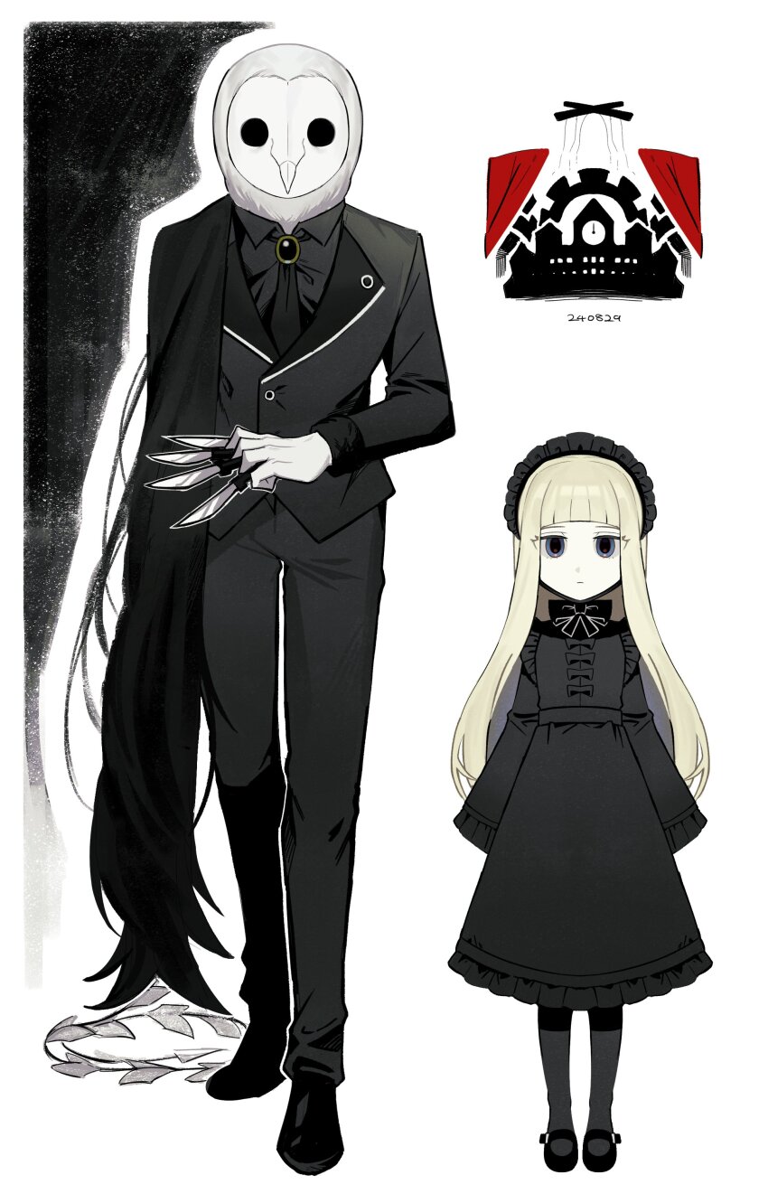 1boy, 1girl, absurdres, alice_(black_souls), animal_head, asdf1211950, black_cape, black_dress