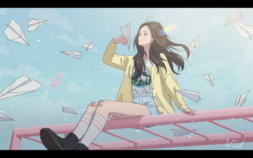 1girl, bandaid, bandaid_on_knee, bandaid_on_leg, brown_hair, cardigan, commentary, english_commentary