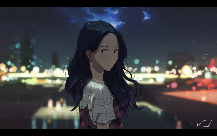 1girl, black_hair, blurry, blurry_background, bracelet, cityscape, closed_mouth, commentary