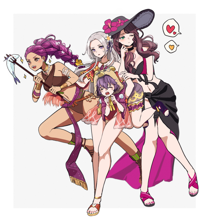 4girls, arm_around_another's_waist, armlet, bare_arms, bare_legs, bare_shoulders, bernadetta_von_varley, bernadetta_von_varley_(summer)
