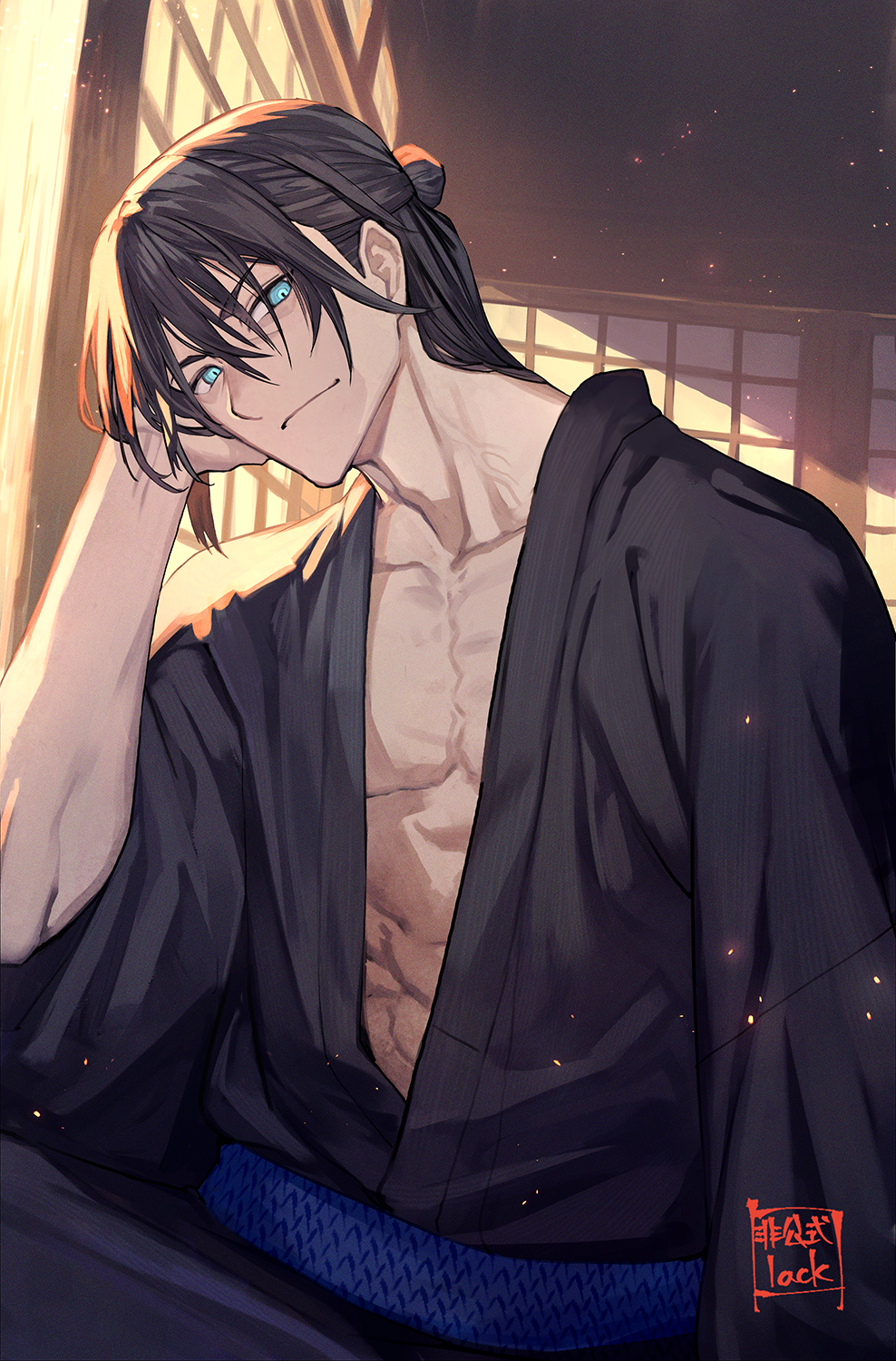 1boy, abs, arm_at_side, black_hair, black_kimono, blue_eyes, blue_sash, closed_mouth