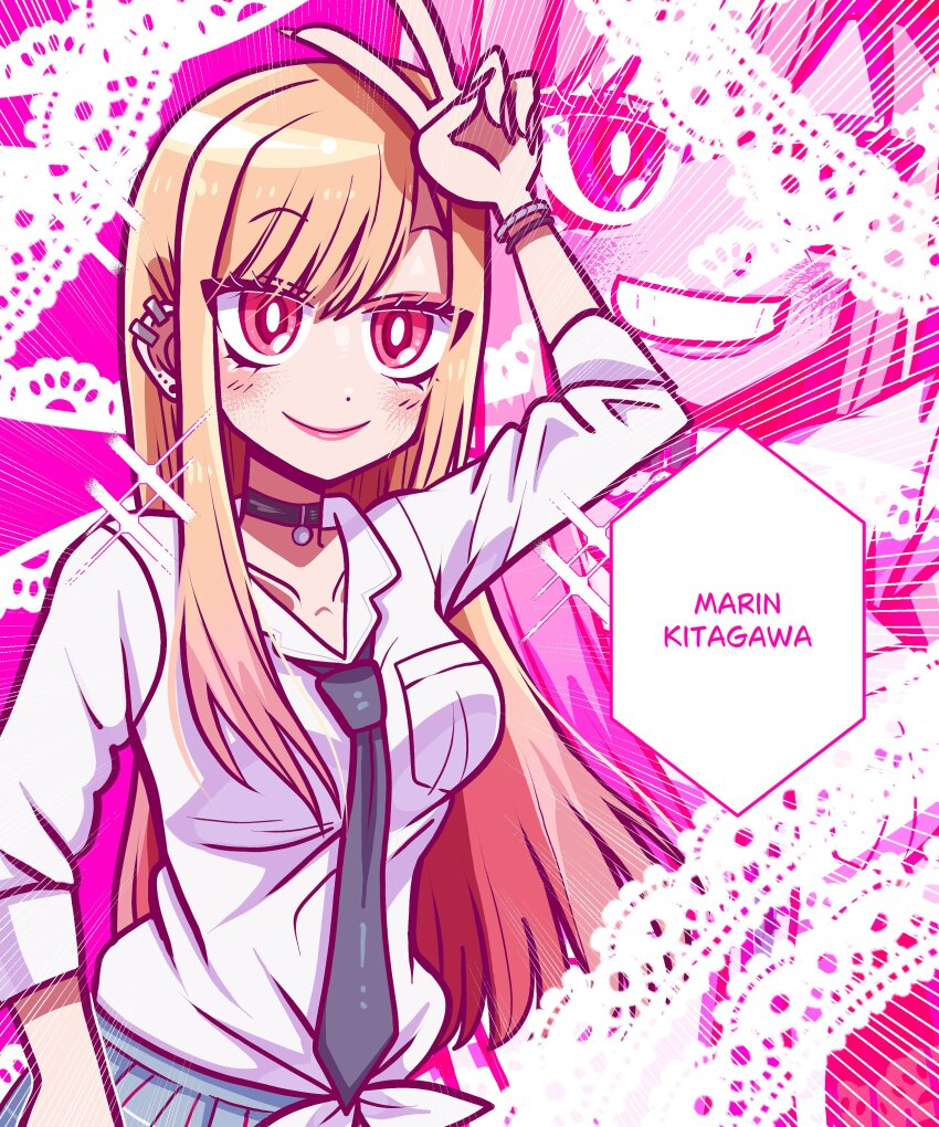 1girl, absurdres, black_choker, black_necktie, blonde_hair, blue_skirt, bracelet, breasts, choker, commentary, ear_piercing, earrings, english_commentary, grin, highres, jewelry, kitagawa_marin, medium_breasts, mimiyori, necktie, piercing, pink_bag, pleated_skirt, red_eyes, school_uniform, skirt, smile, solo, sono_bisque_doll_wa_koi_wo_suru