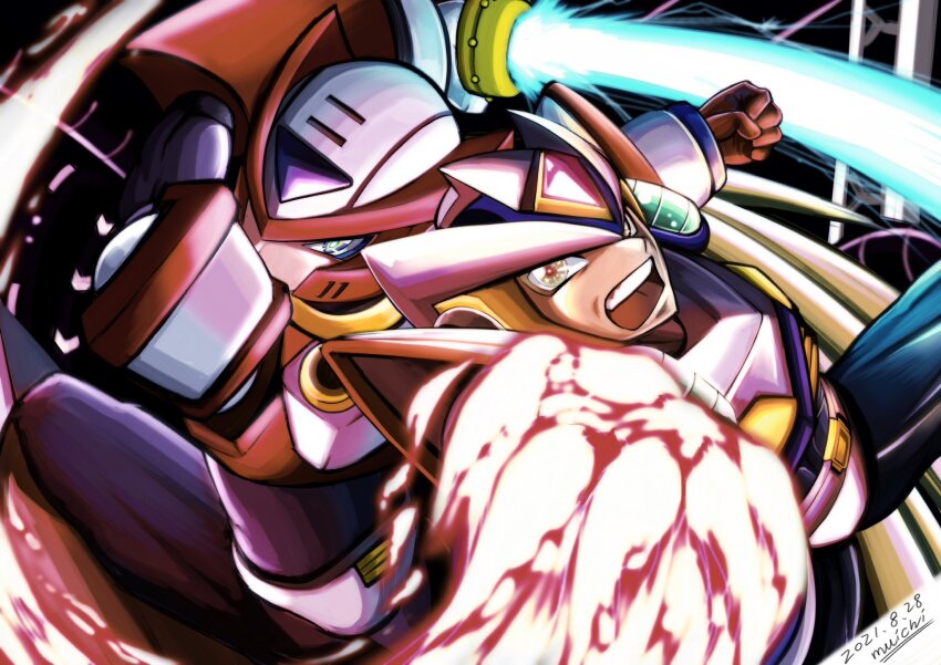 2boys, agetatekoron2, armor, clenched_hands, commentary_request, dated, energy_sword, flaming_hand