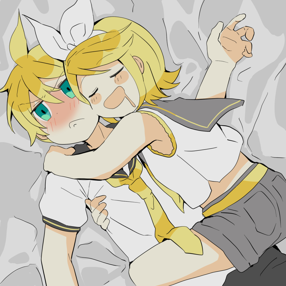 >:(, 1boy, 1girl, 7:24, :<, ahoge, arm_around_another's_back, arm_around_shoulder, bare_arms, bare_shoulders, bed_sheet, black_sailor_collar, black_shorts, blonde_hair, blush_stickers, bow, bow_hairband, brother_and_sister, can't_choose_your_own_family, cheek-to-cheek, closed_eyes, crop_top, drooling, embarrassed, empty_eyes, flat_chest, frown, green_eyes, grey_sailor_collar, grey_shorts, hairband, hand_on_another's_shoulder, heads_together, hug, jitome, kagamine_len, kagamine_rin, leg_lock, messy_sleeper, midriff_peek, mouth_drool, neckerchief, necktie, sailor_collar, serious, shirt, short_sleeves, shorts, siblings, sleeping, sleeveless, sleeveless_shirt, spiked_hair, twins, uncomfortable, v-shaped_eyebrows, vocaloid, white_bow, white_hairband, white_shirt, yellow_neckerchief, yellow_necktie