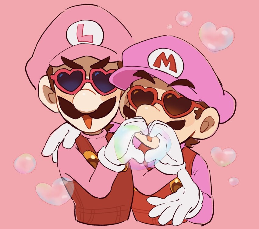2boys, blue_eyes, blue_overalls, brown_hair, bubble_luigi, bubble_mario, facial_hair, gloves