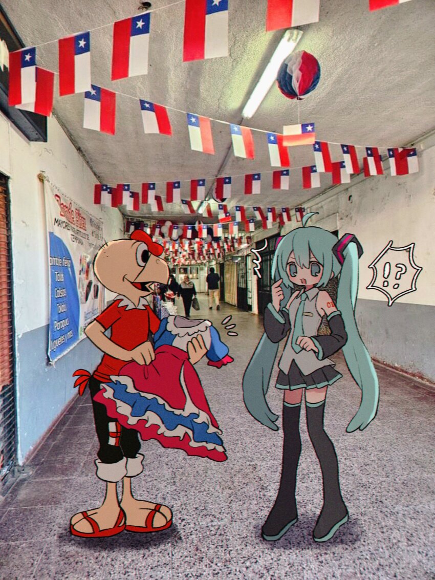 !?, 1boy, 1girl, :3, ^^^, ahoge, andean_condor, aqua_eyes, aqua_necktie, bald, bare_shoulders, bird_boy, black_eyes, black_footwear, black_pants, black_sleeves, boots, breasts, chilean_dress, chilean_flag, chilean_flag_print, collared_dress, collared_shirt, condorito, condorito_(character), detached_sleeves, dress, feathers, flag_dress, frilled_dress, frills, grey_shirt, hair_between_eyes, hatsune_miku, highres, holding, holding_unworn_clothes, holding_unworn_dress, imminent_forced_dressing, index_finger_raised, long_hair, miniskirt, multicolored_dress, narrow_waist, necktie, number_tattoo, open_mouth, pants, pants_rolled_up, patchwork_clothes, pleated_skirt, pointing, pointing_at_self, real_world_location, red_feathers, red_shirt, ri_(qrcode), sandals, shirt, shoulder_tattoo, skinny, skirt, sleeveless, sleeveless_shirt, small_breasts, smile, spoken_interrobang, surprised, tattoo, thigh_boots, thighhighs, twintails, unworn_dress, very_long_hair, vocaloid, zettai_ryouiki
