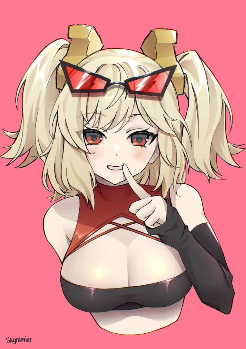 1girl, absurdres, blonde_hair, blush, breasts, burnice_white, cleavage, detached_sleeves, eyewear_on_head, finger_to_mouth, hair_ornament, highres, large_breasts, looking_at_viewer, red_eyes, simple_background, skynimier, smile, sunglasses, twintails, zenless_zone_zero