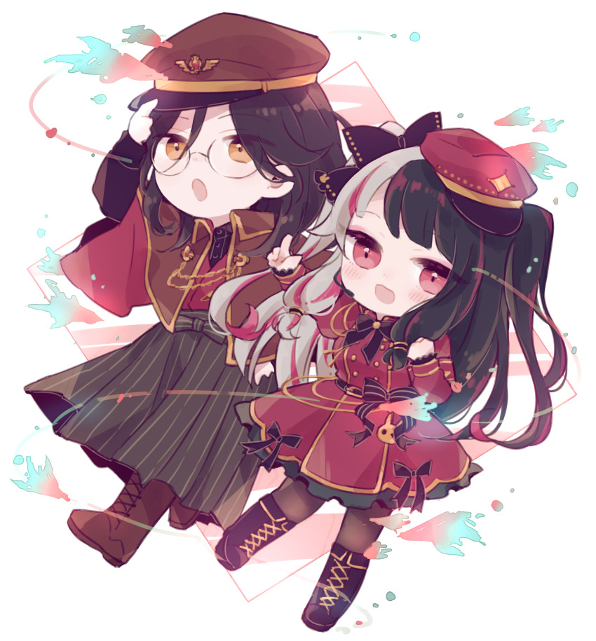 1boy, 1girl, absurdres, adjusting_clothes, adjusting_headwear, black_bow, black_footwear, black_hair