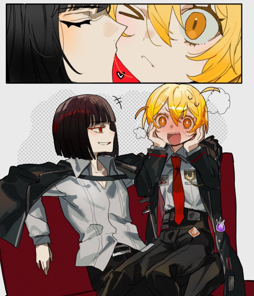 >_o, 2girls, badge, black_coat, black_pants, blonde_hair, blush, bob_cut
