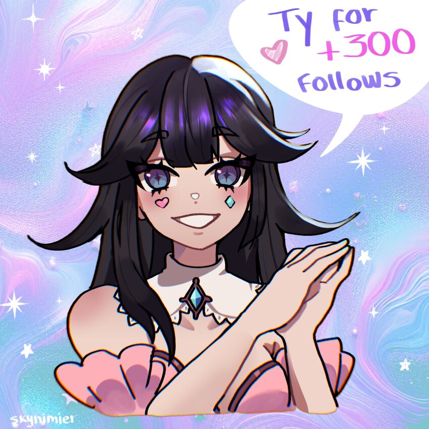 1girl, black_hair, brooch, diamond_(shape), facial_mark, grey_eyes, grin, heart