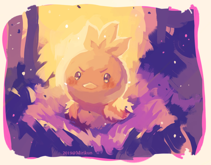 angry, animal_focus, annoyed, artist_name, baby_animal, backlighting, bird, blush, border, brown_eyes, chick, closed_mouth, commentary_request, crest, dated, full_body, furrowed_brow, gen_3_pokemon, hatomura_miri, head_crest, highres, in_nest, looking_at_viewer, nest, nintendo, no_humans, outdoors, pokemon, pokemon_(creature), solo, torchic, white_border