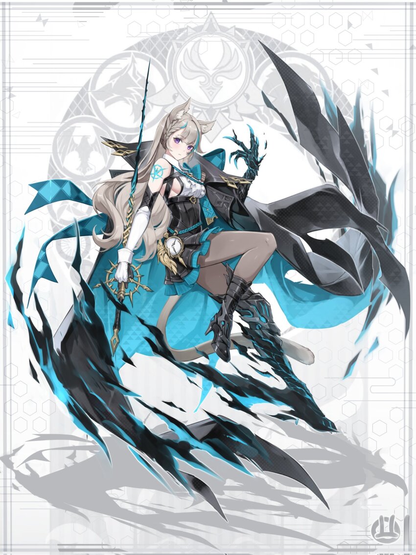 1girl, animal_ear_fluff, animal_ears, asymmetrical_footwear, bare_shoulders, black_boots, blonde_hair, boots, bow, breasts, cat_ears, cat_girl, cat_tail, claws, closed_mouth, commentary, dress, english_commentary, expressionless, facial_mark, from_side, full_body, genshin_impact, gloves, hand_up, highres, holding, holding_sword, holding_weapon, laksana_iman, layered_dress, long_hair, looking_at_viewer, lynette_(genshin_impact), medium_breasts, multicolored_hair, purple_eyes, shoulder_tattoo, solo, star_(symbol), star_facial_mark, streaked_hair, sword, tail, tattoo, weapon, white_gloves