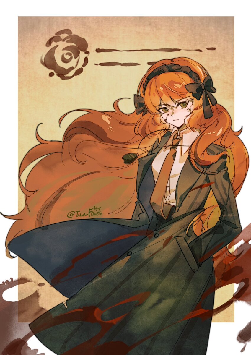 1girl, black_bow, black_coat, black_hairband, black_pants, blood, blood_on_face, bow, bygone_days_(e.g.o), closed_mouth, coat, collared_shirt, cowboy_shot, e.g.o_(project_moon), green_eyes, hair_bow, hairband, hands_in_pockets, highres, ishmael_(project_moon), jewelry, limbus_company, locket, long_hair, looking_at_viewer, necktie, orange_hair, orange_necktie, pants, pendant, project_moon, shirt, sidelocks, solo, two_foxes_met, very_long_hair, white_shirt
