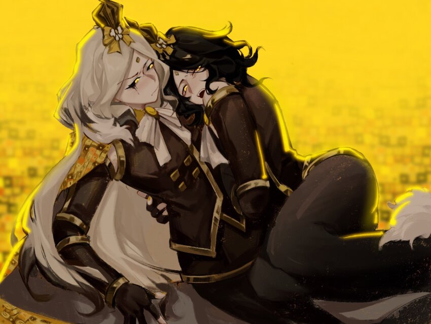 2boys, black_gloves, black_hair, black_jacket, black_pantyhose, black_sclera, black_skirt, bow