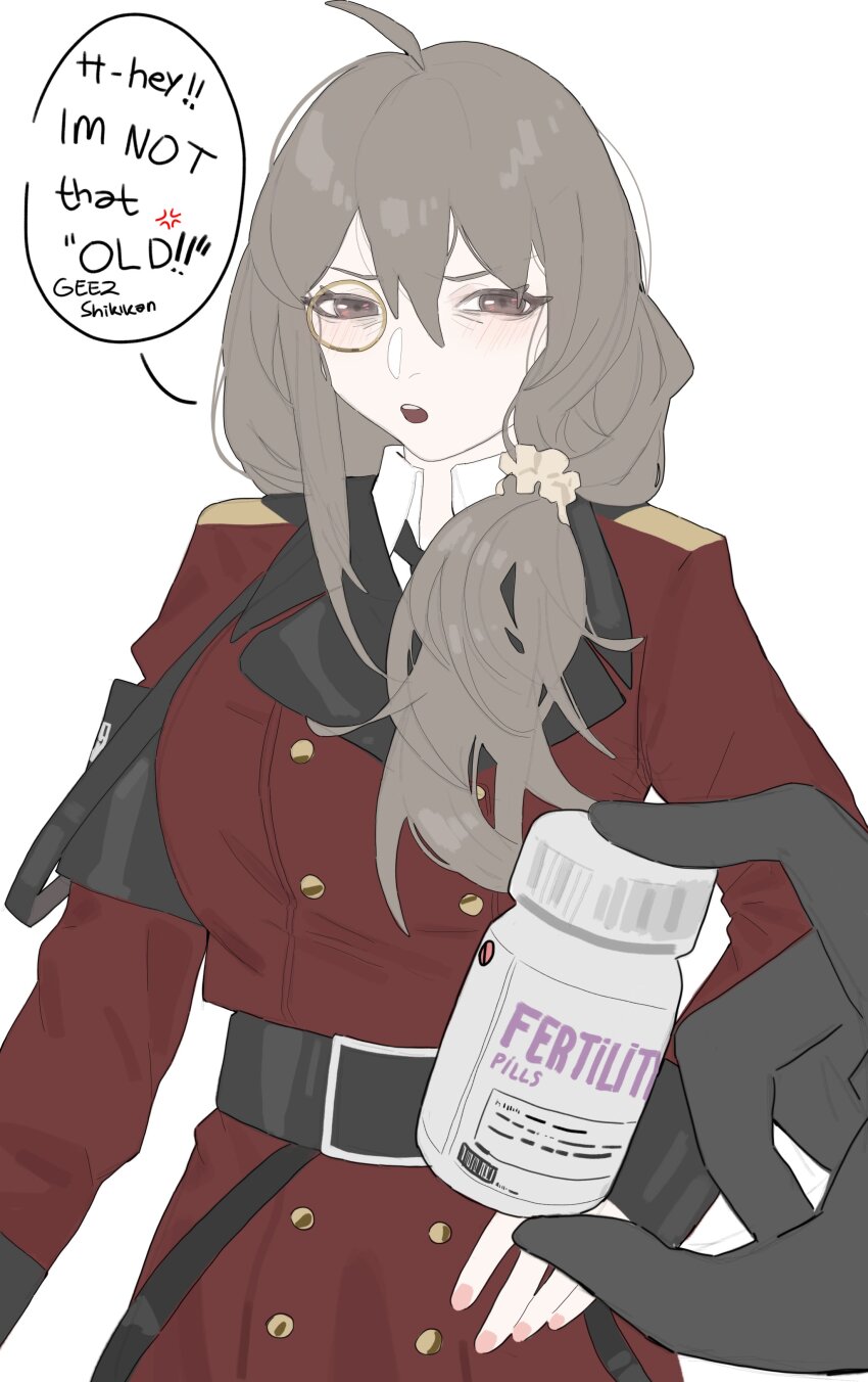 1girl, absurdres, breasts, brown_hair, commander_(girls'_frontline), english_text, fertility_drug, girls'_frontline, gloves, griffin_&amp;_kryuger_military_uniform, helianthus_(girls'_frontline), highres, izaru_31, long_hair, looking_at_viewer, mature_female, medicine, military_uniform, monocle, necktie, pill, with_enough_power_you_can_refire_even_a_dying_star_(meme)