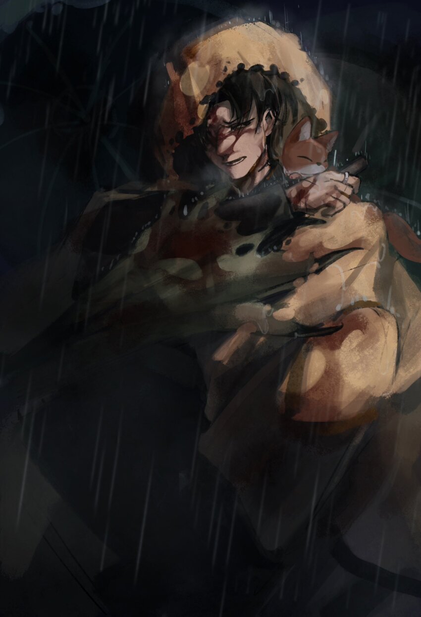 1boy, black_eyes, blood, blood_on_face, brown_cloak, brown_hair, cloak, e.g.o_(project_moon)