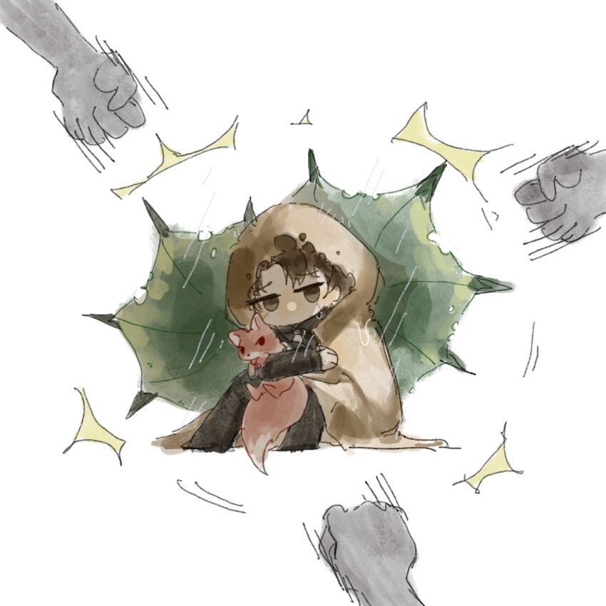 1boy, animal, brown_cloak, brown_eyes, brown_hair, cloak, e.g.o_(project_moon), fox