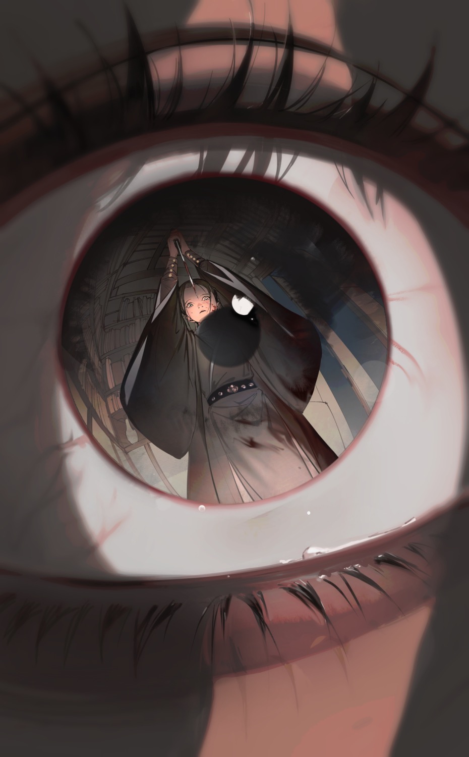 1other, ambiguous_gender, belt, black_eyes, black_hair, blood, bloodshot_eyes, bloody_knife, chinese_clothes, eye_focus, eye_reflection, eyelashes, hanfu, highres, holding, holding_knife, horror_(theme), incoming_attack, knife, low_ponytail, original, ponytail, reflection, tearing_up, weizhidaodao, wide-eyed, zhijupao